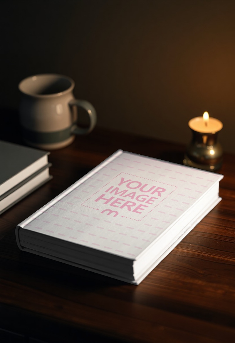 Hardcover Book Mockup in Bedroom with Warm Lamp Glow preview image