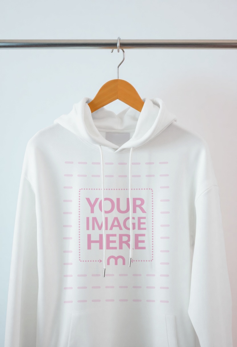 Hoodie Mockup Hanging Wooden Hanger for Apparel Design preview image