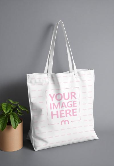 Tote Bag Mockup on Simple Background with Leaves