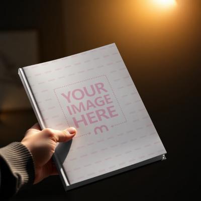 Book Cover Mockup Held by Hand with Moody Dark Background Lighting
