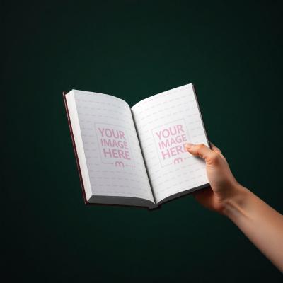 Open Book Pages Mockup Held by Hand over Dark Background