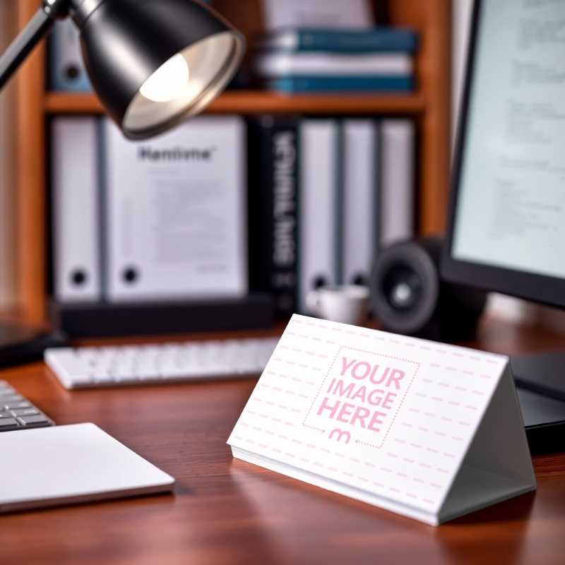 Business Card on Wood Table with Devices and Stationery Around preview image