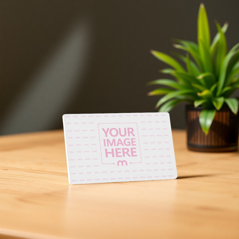 Business Card on Wood Table with Blurred Vase and Plant in View preview image