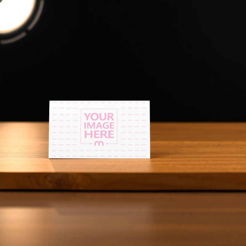 Business Card on Wooden Table with Bokeh Lamp in Background preview image