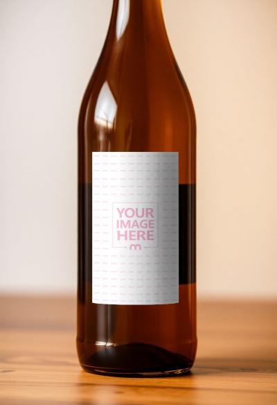 Bottle Label Mockup on Wooden Table for Warm Rustic Branding