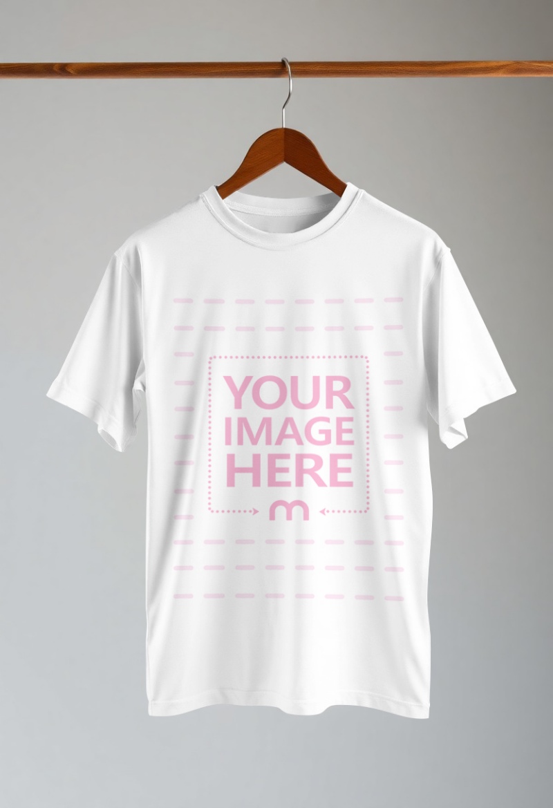 Shirt Mockup on Wooden Hanger over Soft Gray Wall Background preview image