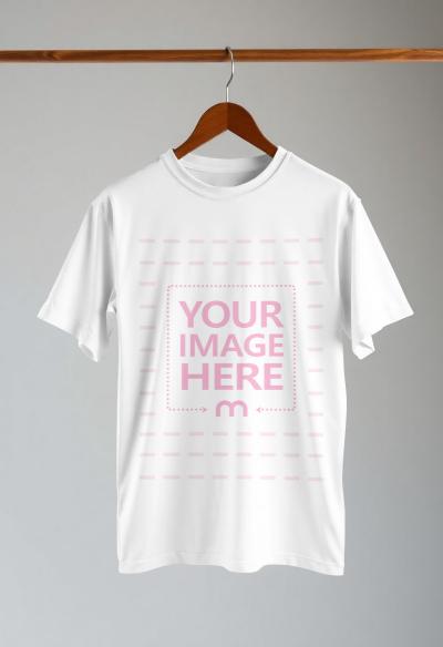 Shirt Mockup on Wooden Hanger over Soft Gray Wall Background