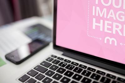 Laptop Side Angle Mockup on Table for Tech Branding Presentation
