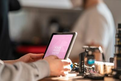 Tablet Mockup in Workshop Setting for App UI design