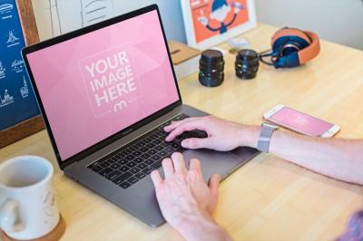 iMac and Smartphone Mockup with Hands for Digital Branding