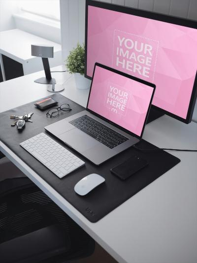 Laptop and Large Screen Mockup in Office for Corporate Branding