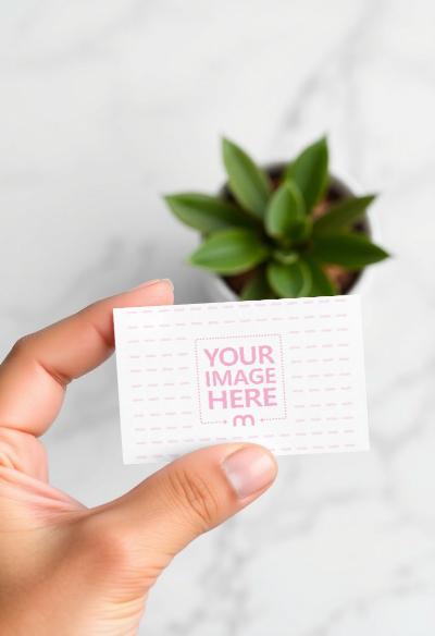 Business Card Mockup in Hand with Plant Vase for Branding