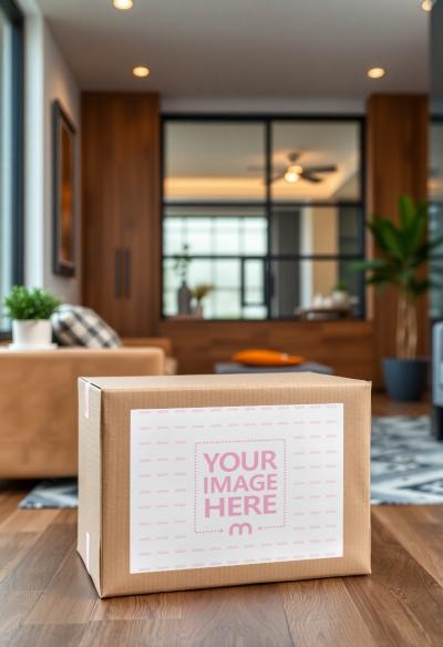 Label Mockup on Packaging Box in Living Room