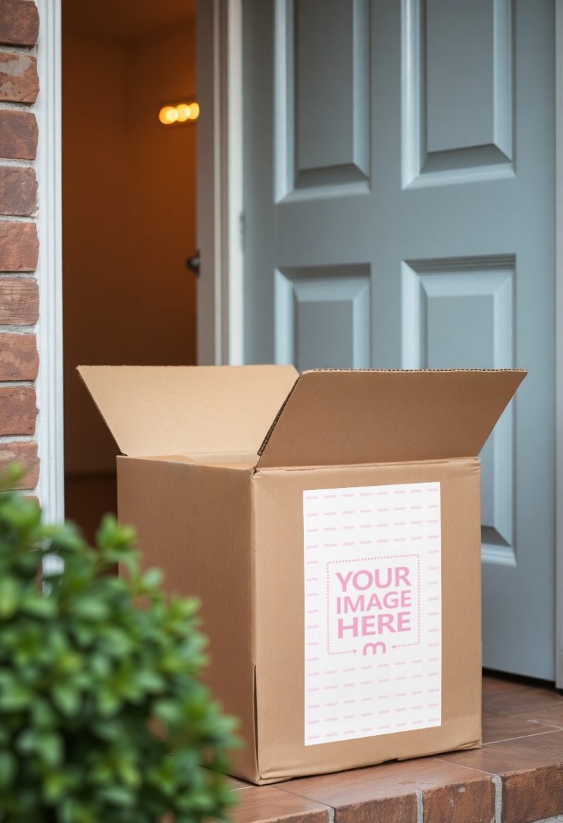 Label Mockup on Box at House Terrace for Outdoor Packaging Display preview image