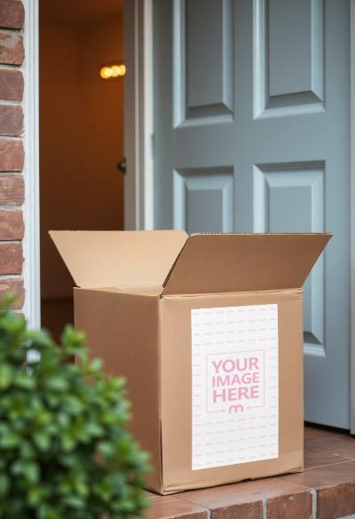 Label Mockup on Box at House Terrace for Outdoor Packaging Display