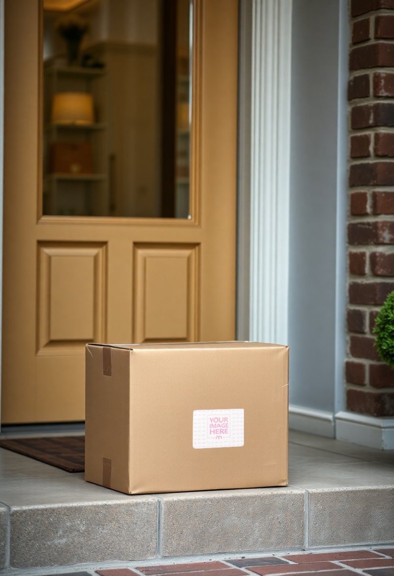 Courier Label Mockup at Packaging Box in a House Terrace preview image