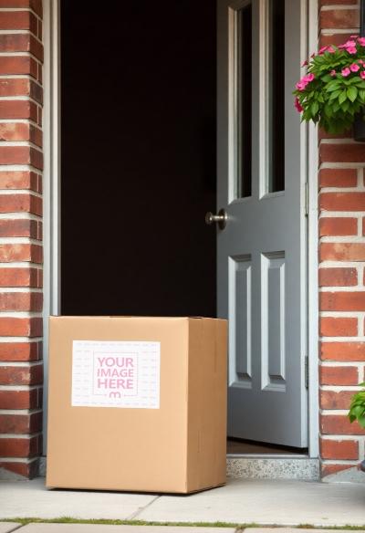 Label Mockup on Box at Terrace Door for Outdoor Box Packaging