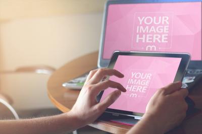 Tablet and Screen Mockup on Wooden Table for Software UI Showcase