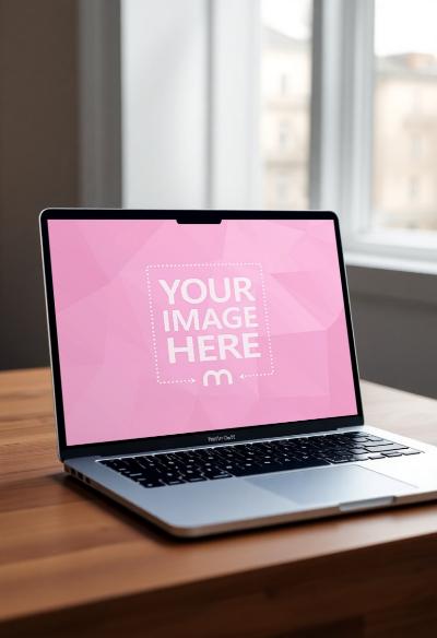 Laptop Mockup with Window Bokeh on Wooden Table