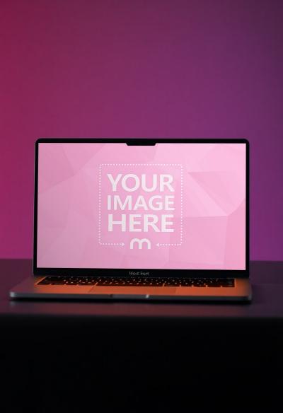 Laptop Mockup on Dark Table with Maroon Background