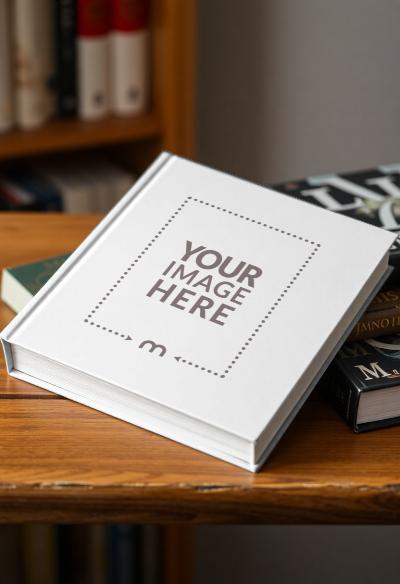 Book Cover Mockup on Wooden Table in Home Library