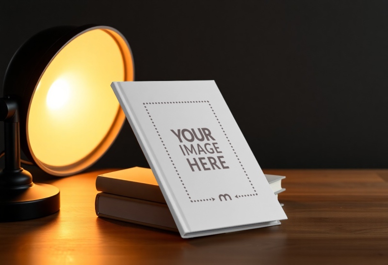 Book Cover Mockup with Lamp on Wooden Table preview image