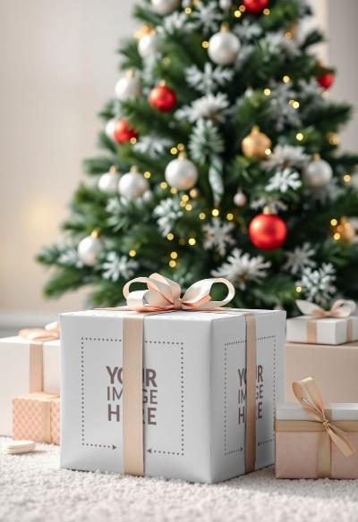 Christmas Gift Box Mockup with Ribbon for Holiday Packaging