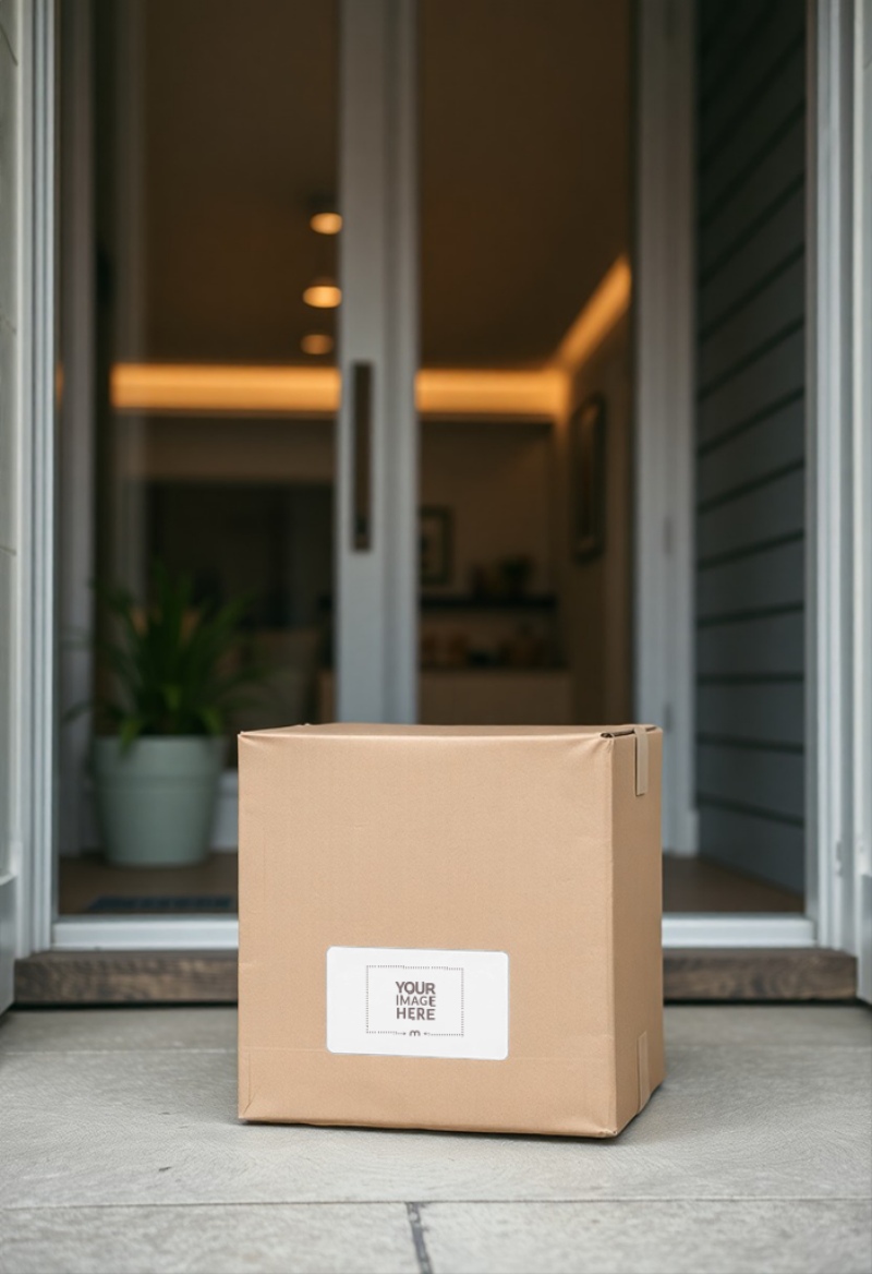 Label Mockup on Cardboard Box at Terrace for Packaging Showcase preview image