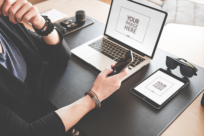 Laptop and iPad Screen Mockup with Woman Working at café  preview image