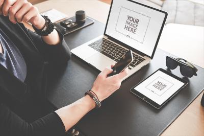 Laptop and iPad Screen Mockup with Woman Working at café 