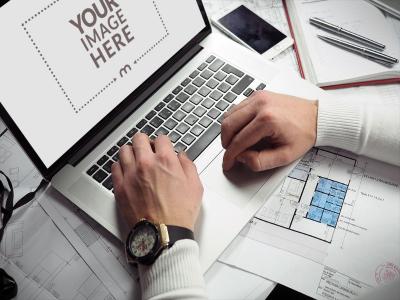 Laptop Screen Mockup of Office Worker for Business Branding