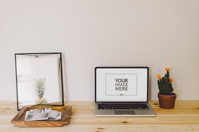 Laptop Screen Mockup on Wooden Table at Home Office