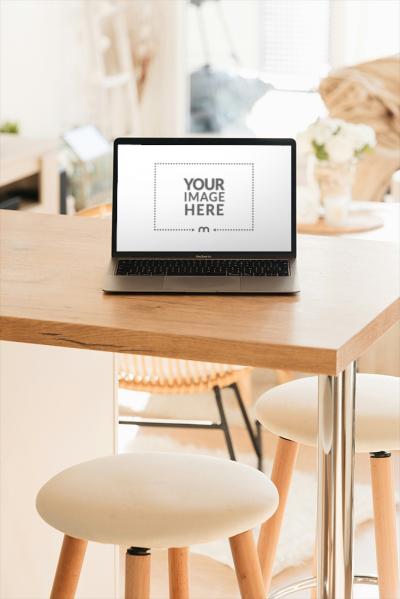 MacBook Mockup on Wooden Table at Home for Tech Branding