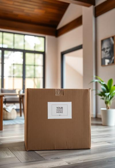 Packaging Label Mockup on Cardboard Box on Home Floor