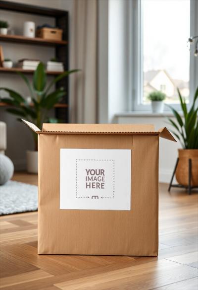 Packaging Label Mockup on Wooden Floor for Delivery Branding