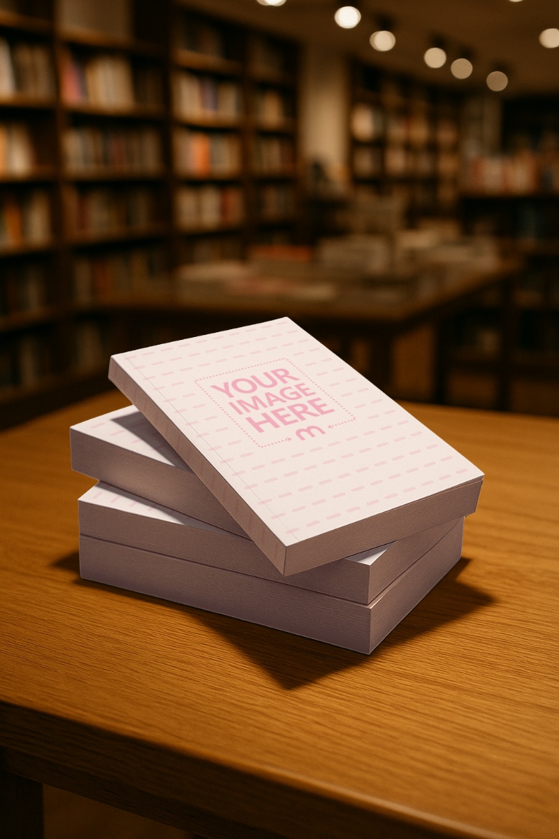 Book Cover Mockup Stacked on Wooden Table in Library preview image