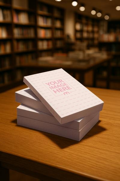 Book Cover Mockup Stacked on Wooden Table in Library