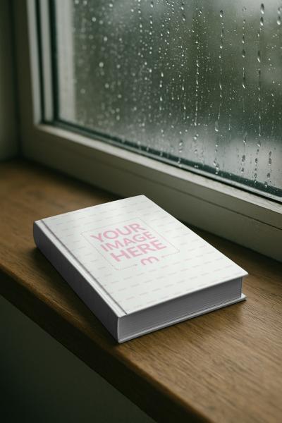 Book Cover Mockup by the Window with Raindrops