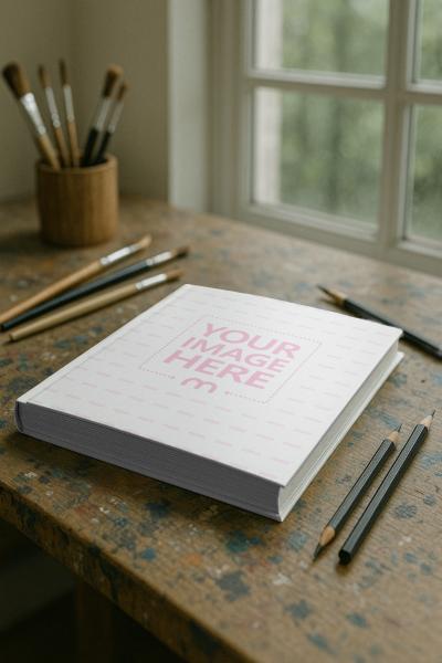 Book Cover Mockup on Table with Paintbrushes for Painters