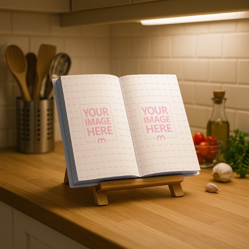 Open Book Page Mockup in Kitchen Setting for Cookbooks preview image