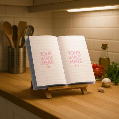 Open Book Page Mockup in Kitchen Setting for Cookbooks