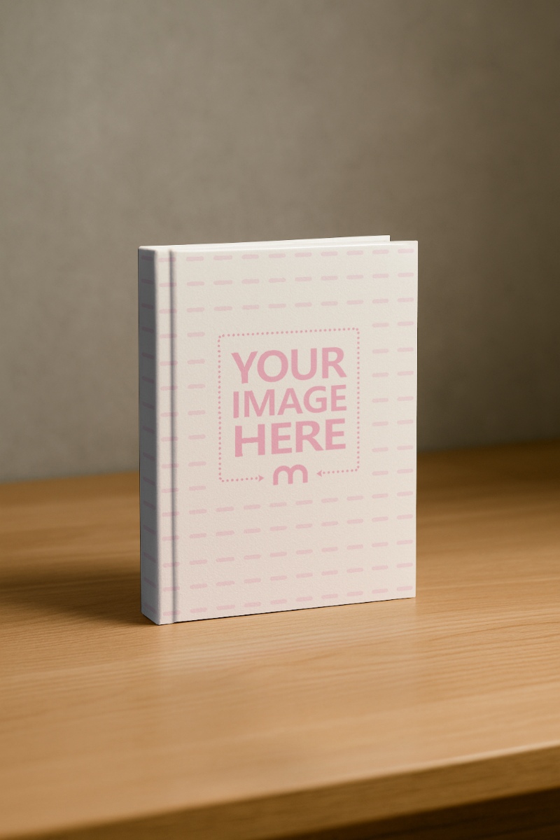 Book Cover Mockup on Wooden Table with Concrete Wall preview image