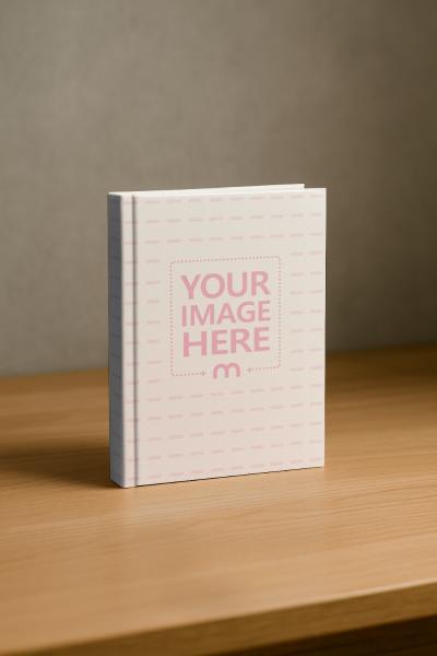 Book Cover Mockup on Wooden Table with Concrete Wall