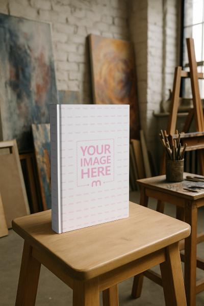Book Cover Mockup with Painter’s Studio Background