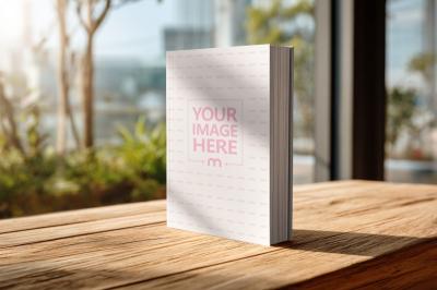 Book Cover Mockup on Wooden Table with Cityscape Background