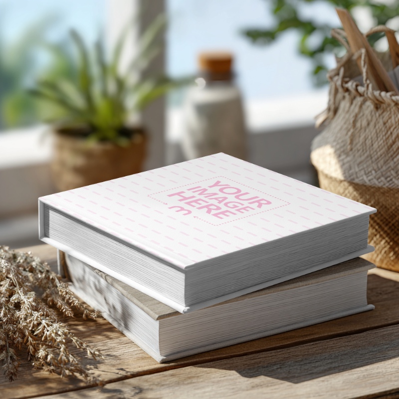 Book Cover Mockup on Wooden Table in Daylight preview image