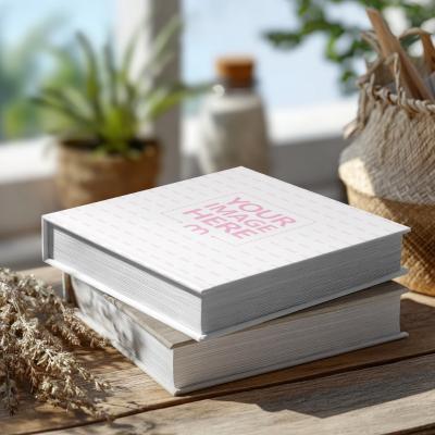 Book Cover Mockup on Wooden Table in Daylight