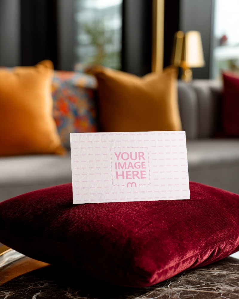 Business Card Mockup on Pillow in Living Room for Cozy Branding preview image