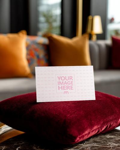 Business Card Mockup on Pillow in Living Room for Cozy Branding