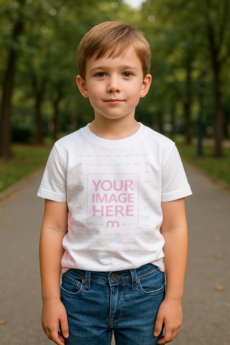 Kids T-Shirt Mockup on a Boy Standing in Park for Outdoor Apparels preview image
